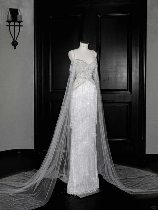 Luxury White Tulle Pearl Bead Chain Beaded Tassel Prom Dress Evening Dress,Off Shoulder Wedding Dress Y8662