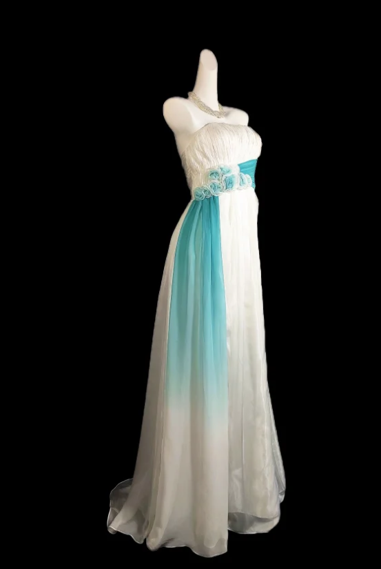 Classy Strapless White Chiffon Pleated Mermaid Long Party Gown Formal Prom Dress With Flowers SP414