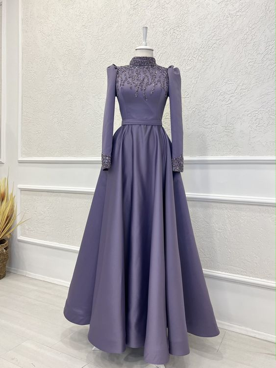 Modest Purple A-line Long Sleeves Prom Dress,Muslim Dress Y7207
