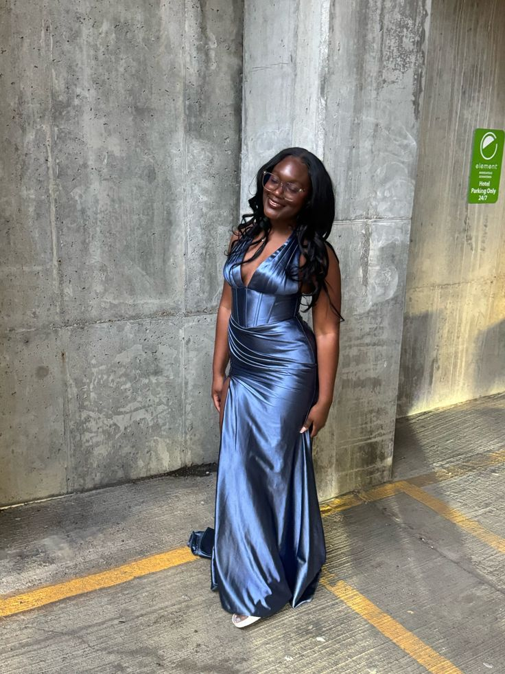 Chic V Neck Blue Satin Pleated Mermaid Evening Dress Long Prom Dress SP614