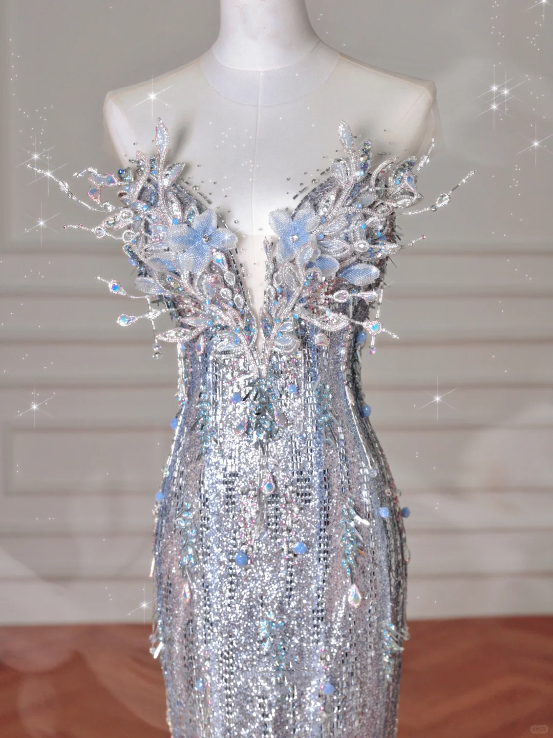 Luxury Silver Sequin 3D Beaded Mermaid Evening Dress,Long Prom Dress With Bow Y8640