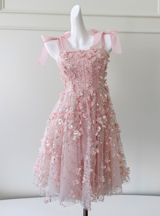 Elegant Spaghetti Straps Tulle Appliques A Line Short Homecoming Dress,Pink Mini 17th Birthday Outfits SP3266