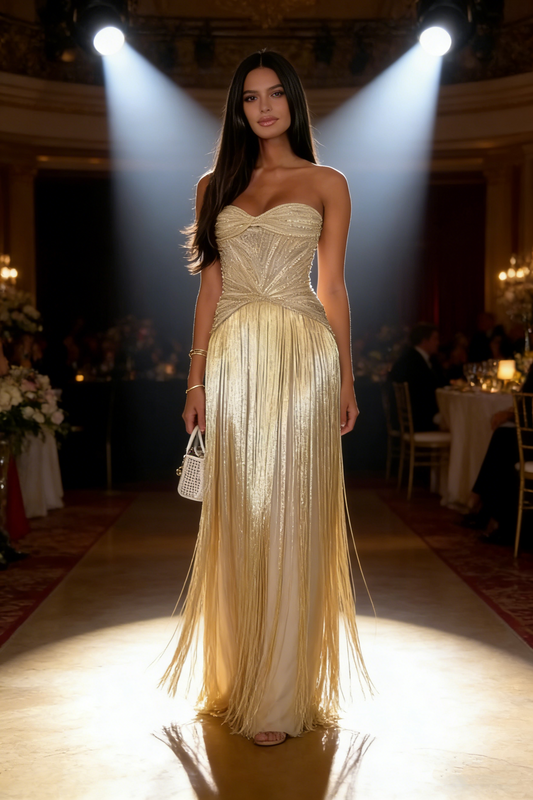 Luxurious Strapless Glos Beaded Tassel Gold Long Evening Dress Formal Birthday Dress SP2043