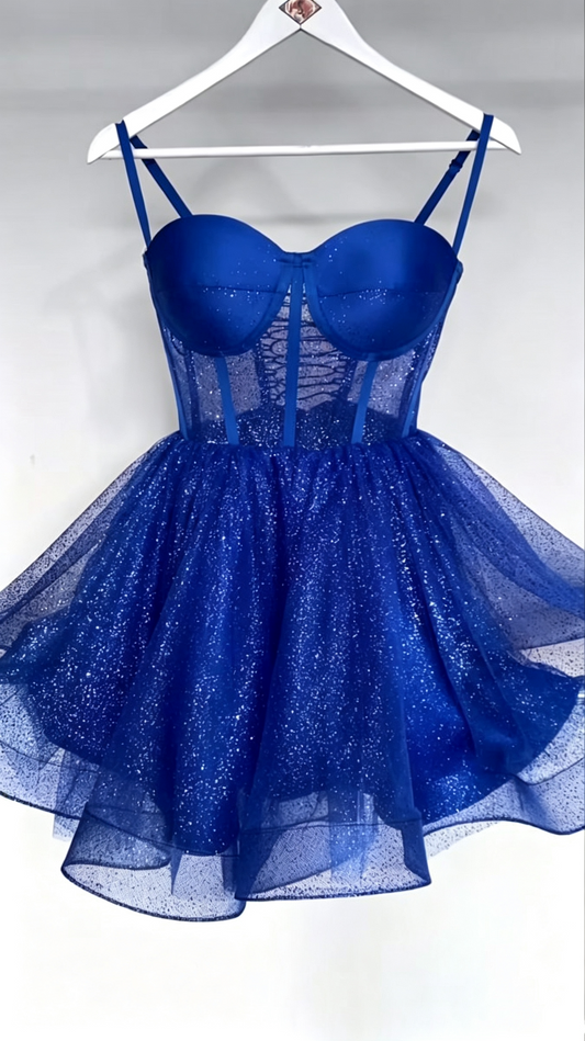 Sparkly Royal Blue Tulle Sequin A Line Short 6th Grade Homecoming Dress,Spaghetti Straps Mini Cocktail Dress SP2983