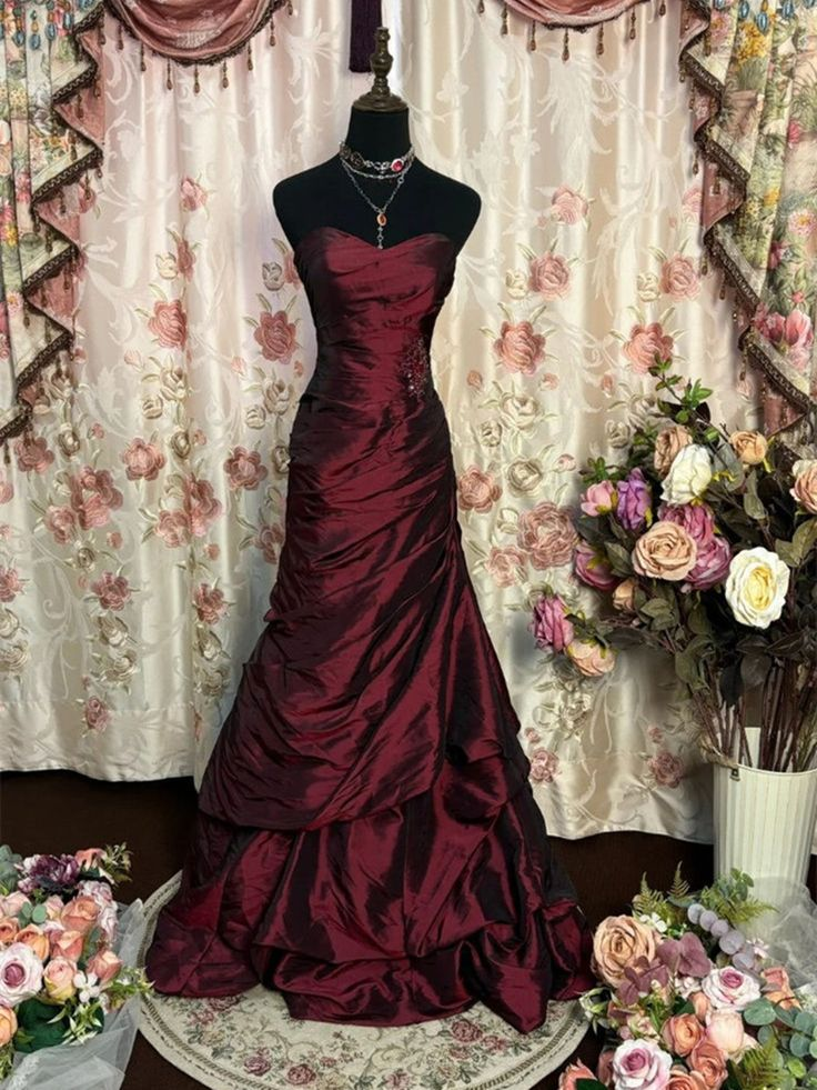 Vintage Burgundy Strapless Long Sweet 16 Dress Prom Dress Y8777