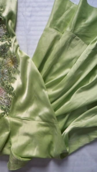 Classy Spaghetti Straps Green Satin Beaded Mermaid Long Party Dress Prom Dress SP2691