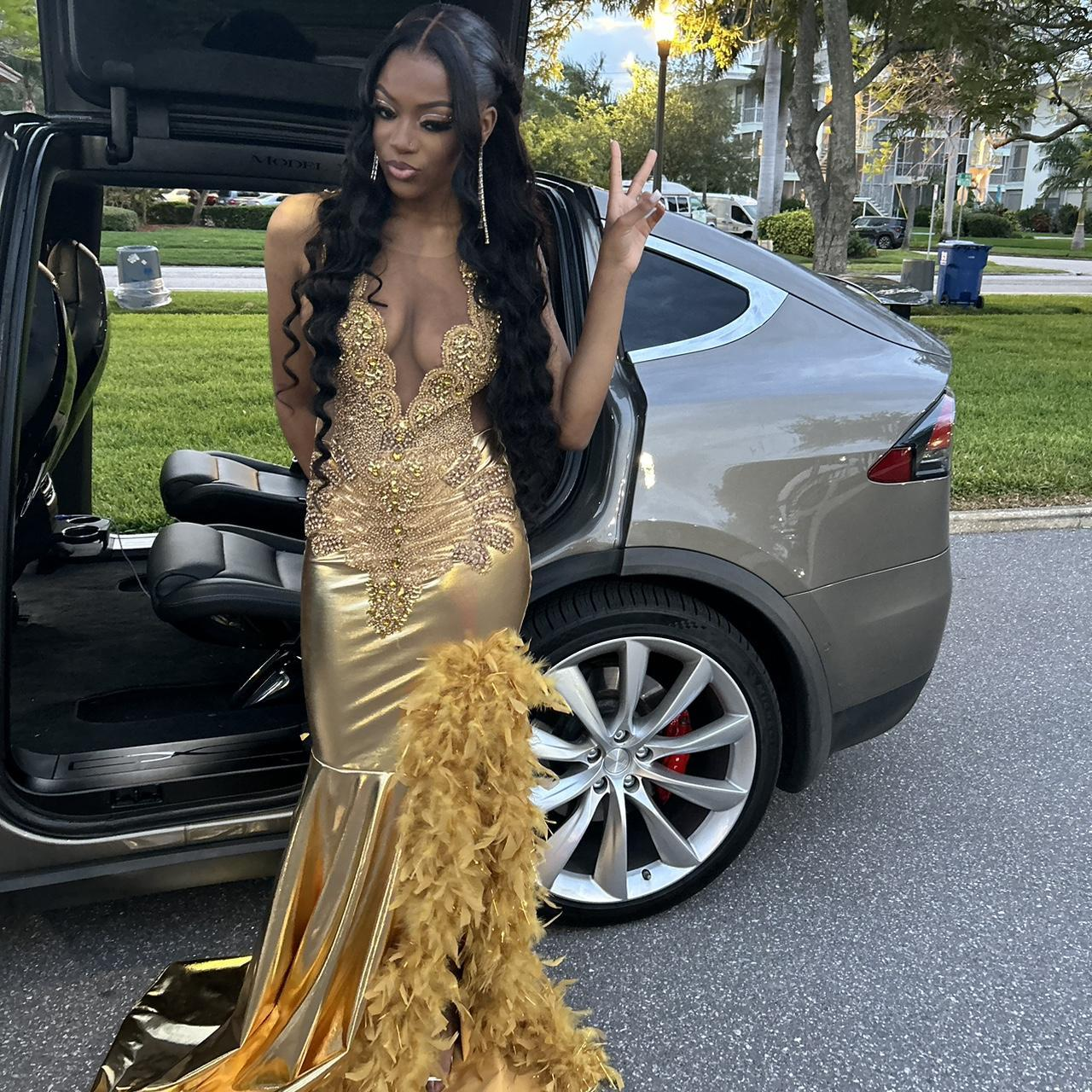 Luxurious Satin Beaded Feathers Evening Gown Long Slit Prom Dress  Y7948