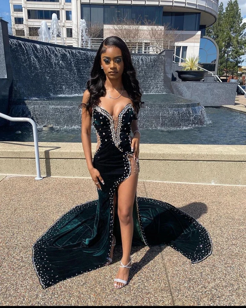 Velvet Prom Dress with High Slit, Wedding Reception Dress,Wedding Guest Dress Y4192
