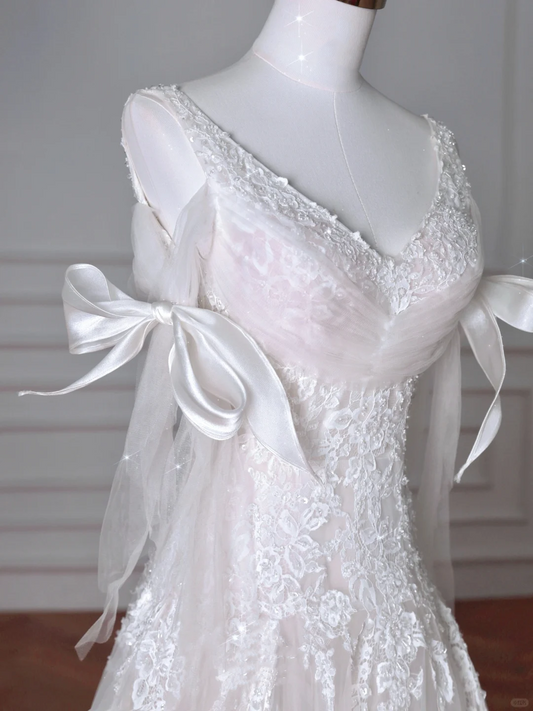 Fairy White V Neck Tulle Lace Appliques Mermaid Long Wedding Dress Y8636