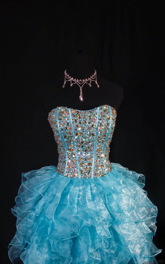 Sparkly Strapless Tulle Beaded A Line Short Prom Dress,Light Blue Short 8th Grade Homecoming Dress SP2831