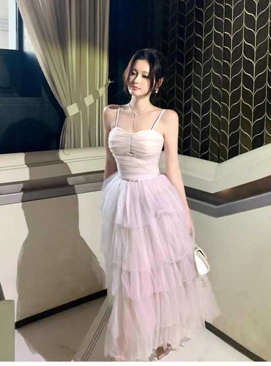 Pretty Light Lavender Spaghetti Straps Tulle Layered A Line Long Birthday Prom Dress Party Dress SP1495