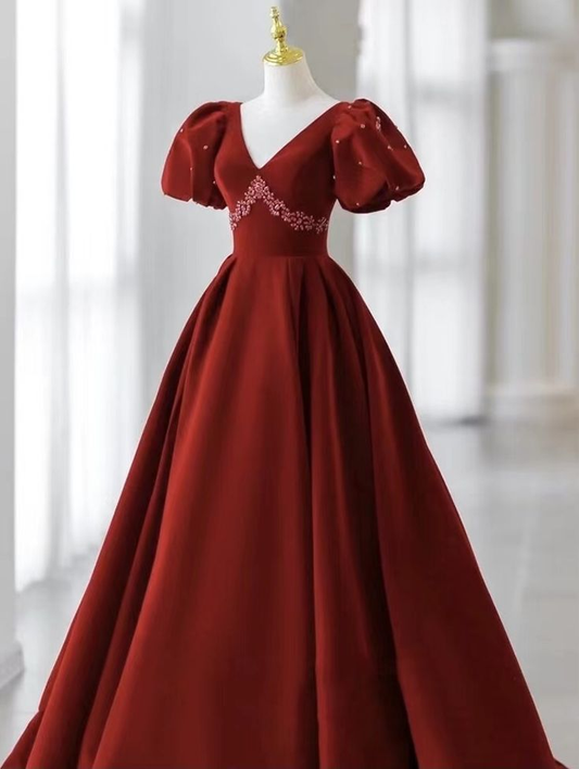 V-neck Evening Dress,Charming Prom dress, Velvet Party Dress,Bubble Sleeve Dress Y4573