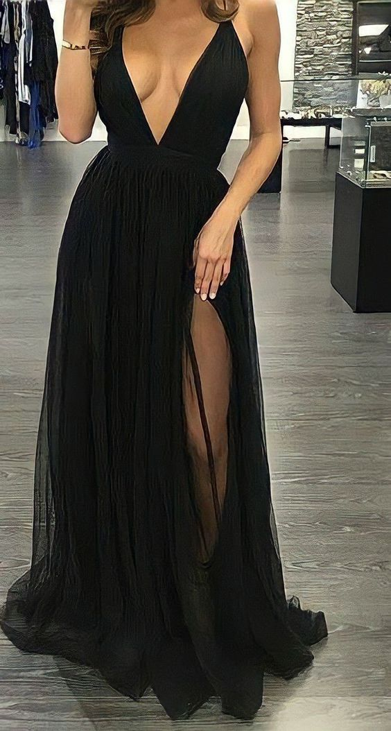Sexy Black V Neck Long Prom Dress,Black Formal Gown Y7057