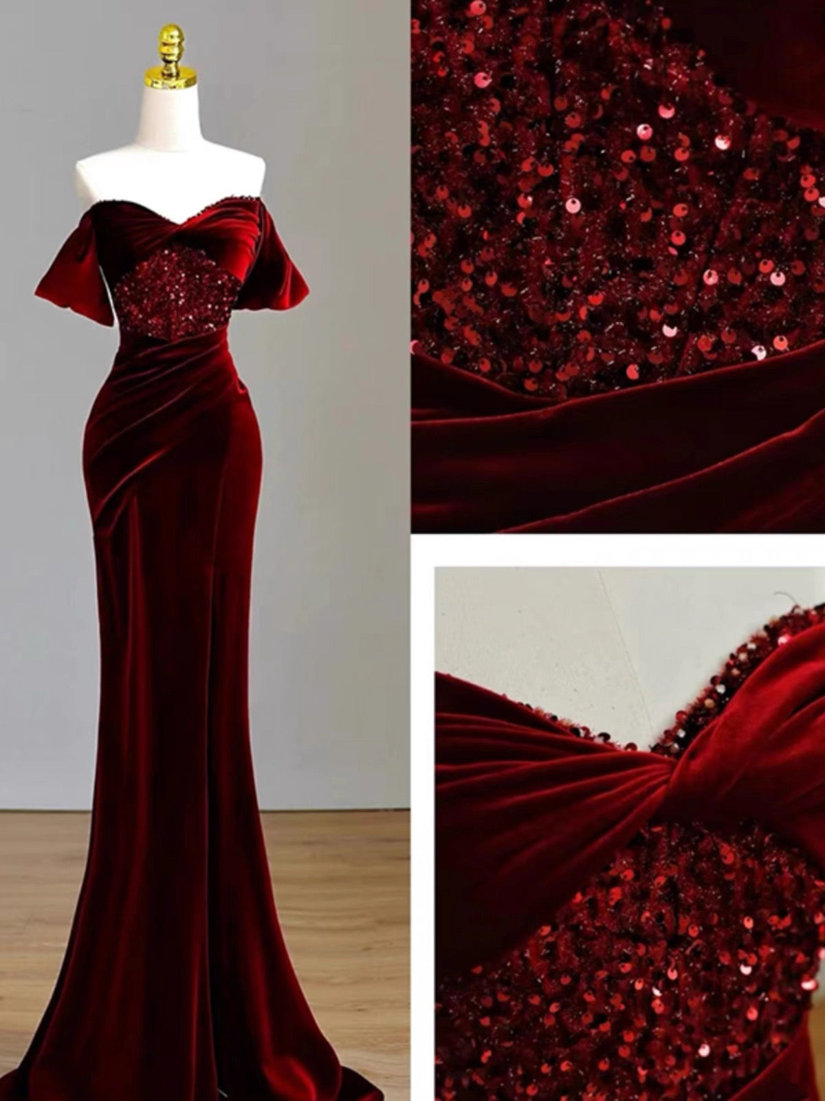 Charming Burgundy Velvet Mermaid Prom Dress Y6602