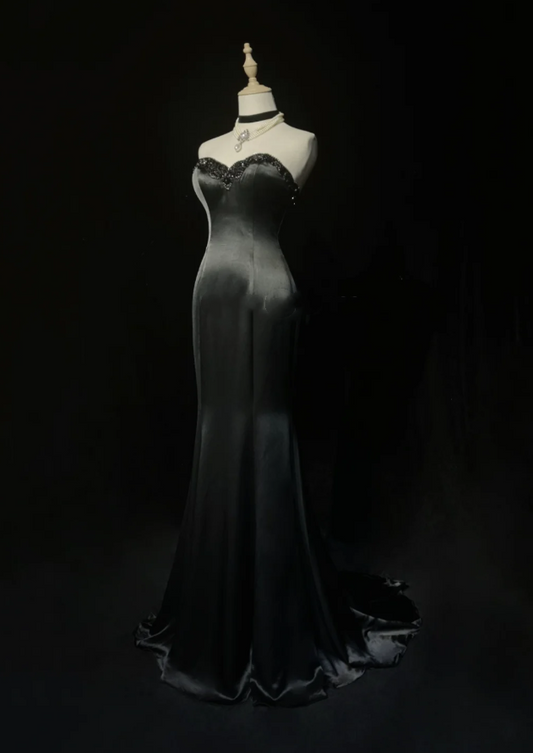 Fashion Sweetheart Neck Black Satin Beaded Mermaid Long Evening Dress Formal Wedding Guest Dress SP1959