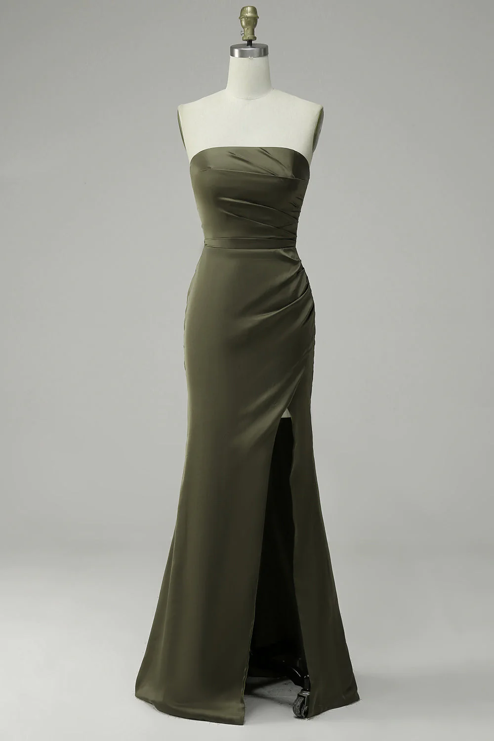 Green Strapless Satin Prom Dress With Slit Y4204