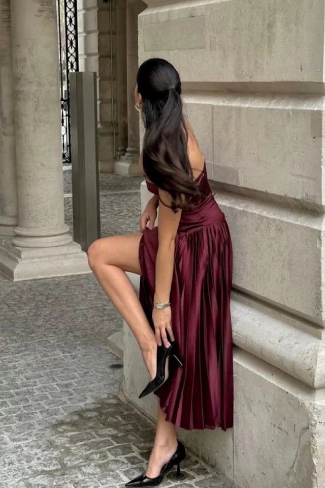 Vintage A Line Straps Burgundy Satin Long Prom Dress Evening Dress Y7994