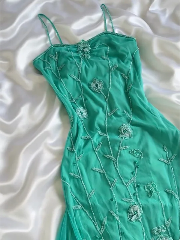 Elegant Spaghetti Straps Chiffon Appliques Beaded Mermaid Long Evening Gown Birthday Party Dress Y9934