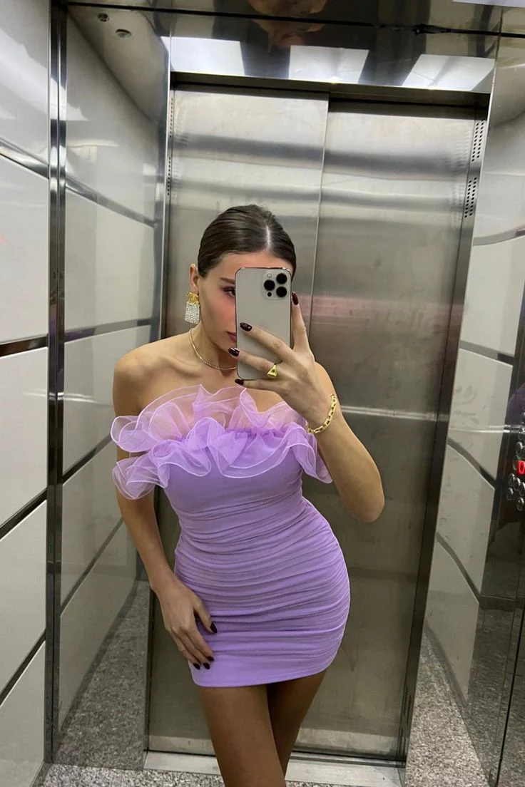 Sexy Strapless Ruffle Tulle Satin Sheath Cocktail Dress Lavender Formal Homecoming Dress Y9889