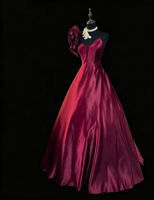 Vintage One Shoulder Ball Gown Burgundy Satin Ruffles Long Party Dress SP2768