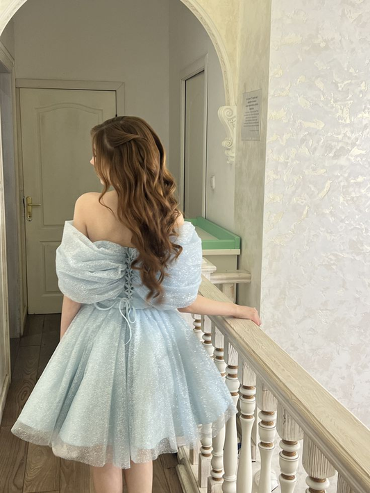 Shiny Blue Off The Shoulder Tulle Sequin A Line Short Homecoming Dress,Formal 15th Birthday Outfits SP2798