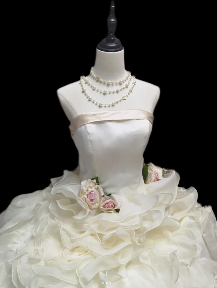 Cute Strapless White Tulle Pleated Ruffled Quinceanera Dress Sweet 16 Dress With Flowers SP593