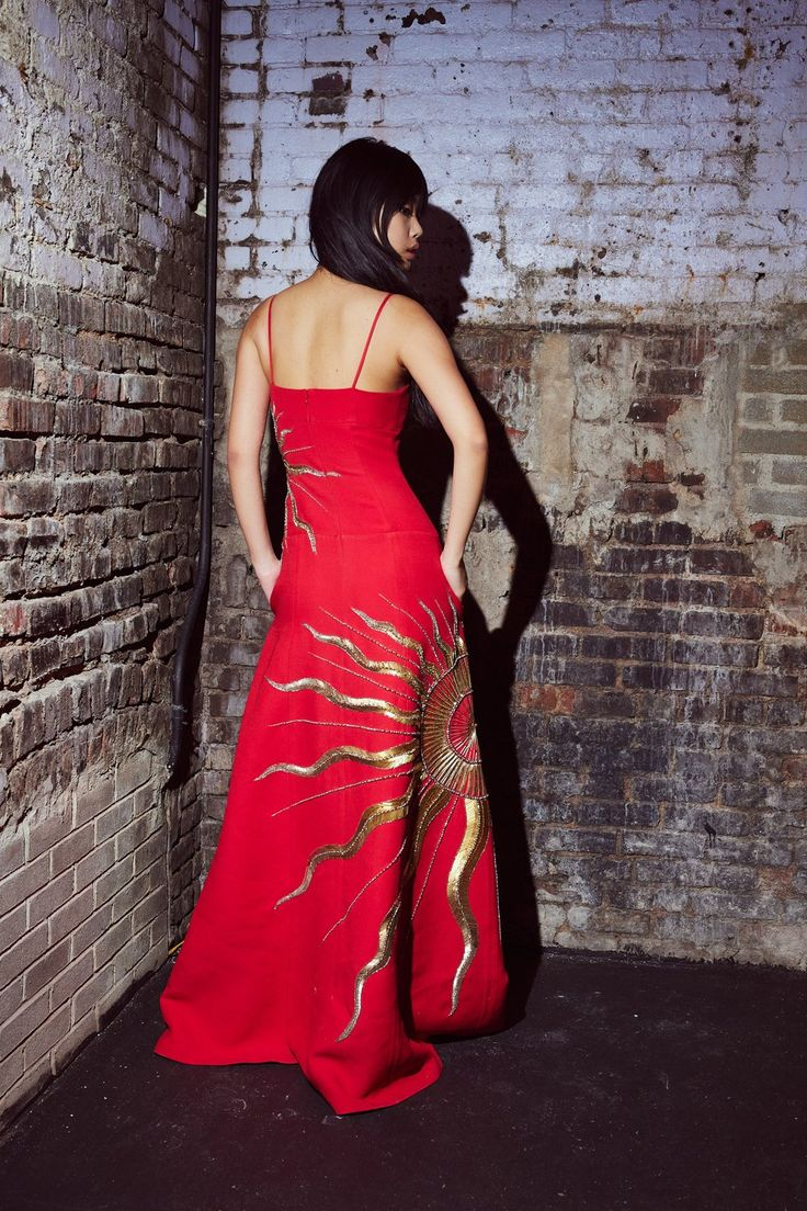 Luxury Red Satin Gold Sequins Prom Dress,Formal Evening Dress Y8200