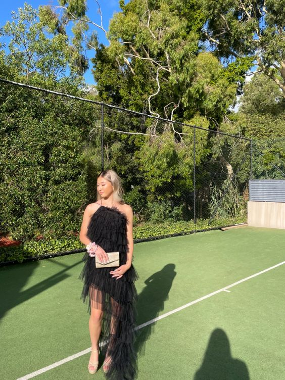 New Arrival Tiered Tulle Black Prom Dress, Long Evening Dress Y1993