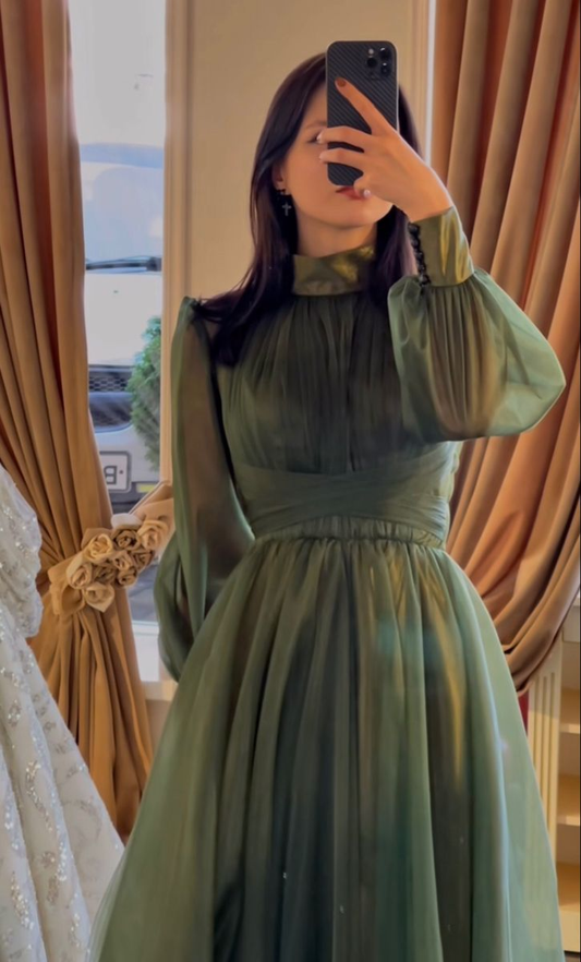 Vintage Green High Neck Tulle Long Prom Dress,Green Birthday Party Dress Y5548