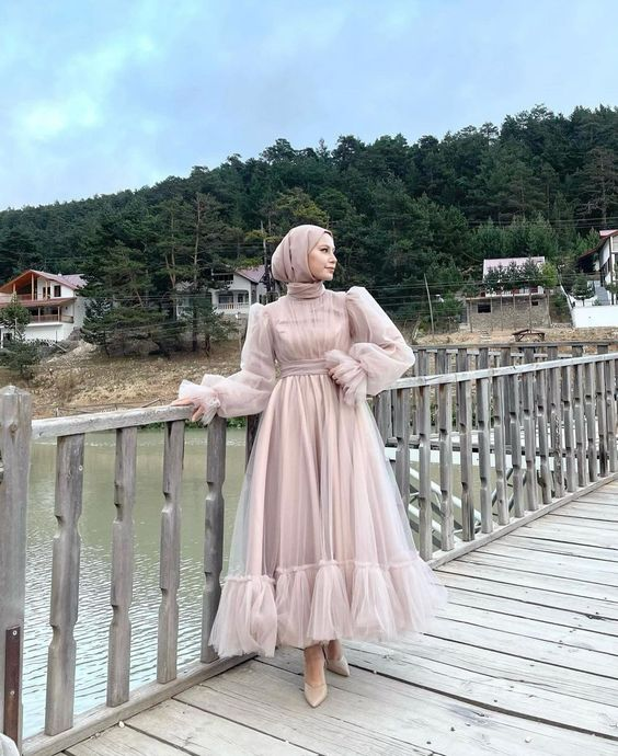 Modest A-line Tulle Prom Dress,Muslim Dress Y6949