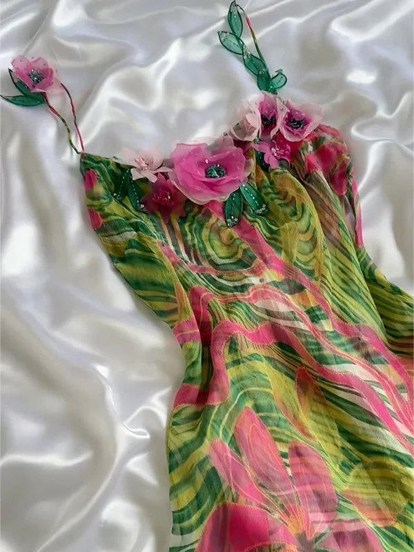 Charming Spaghetti Straps Chiffon Printed Floral Appliques Long Party Dress Formal Evening Dress Y9932