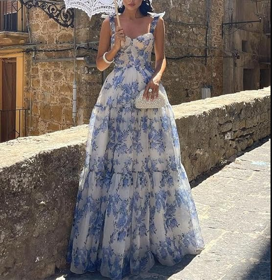 A-line Blue Floral Print Long Prom Dress,Blue Evening Dress Y2560