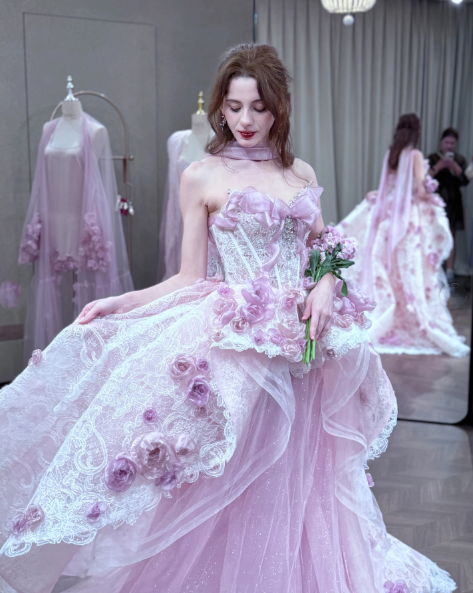 Pretty Pink Strapless Tulle Lace Appliques Long Evening Dress Birthday Prom Gown With Beads SP1661