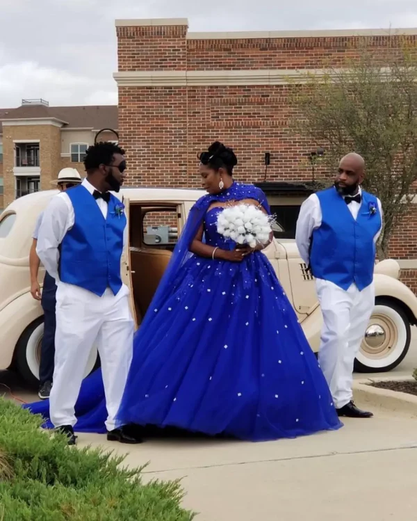 Royal Blue Tulle Ball Gown Prom Dress With Cape S8255
