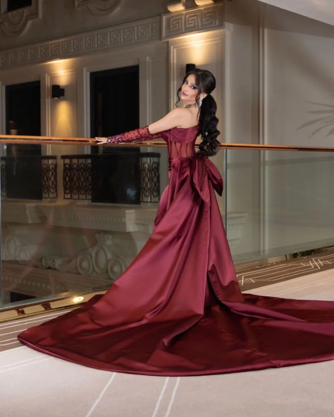 One Shoulder Mermaid Dresses with Beaded Gloves for Women Elegant Party Gown Formal Prom Dresses Court Train  Y4617