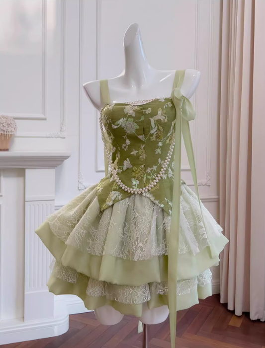 Cute Green Satin Lace Birthday Outfits Short Homecoming Dress Y9028