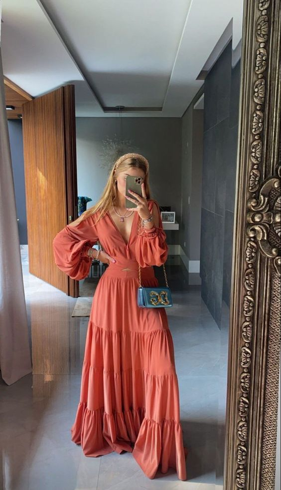 A-line V Neck Long Sleeves Prom Dress,Maxi Dress Y7142