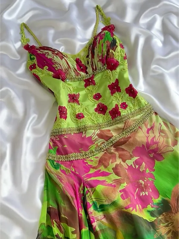 Beautiful Spaghetti Straps Chiffon Printed Floral Long Prom Dress Birthday Party Dress Y9931