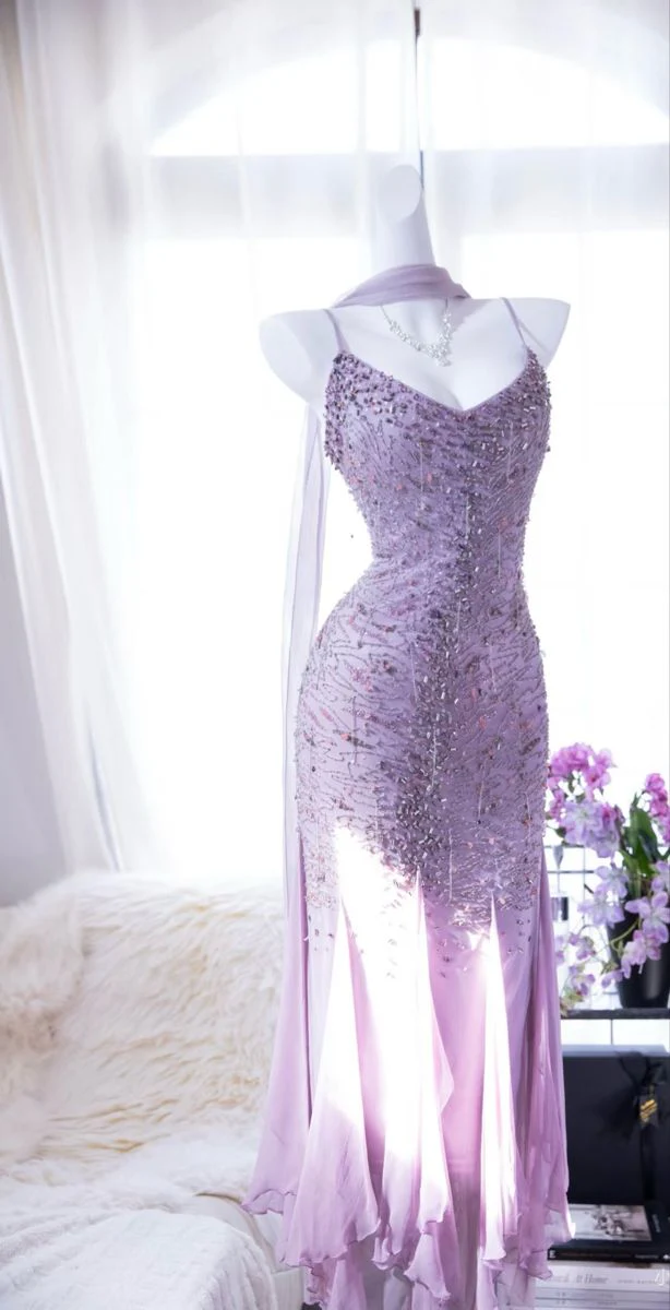 Charming Chiffon Beaded Mermaid Evening Dress,Lilac Spaghetti Strap Party Prom Dress Y8710