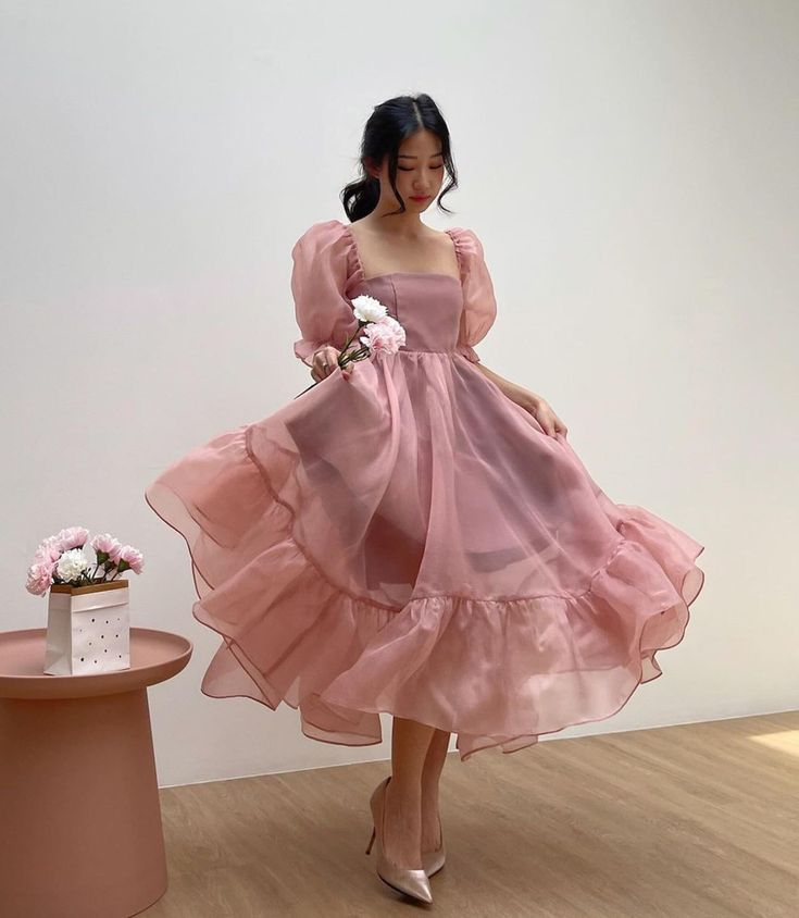 Blush Pink Baby Doll Puff Sleeves Dress, Pretty French Princess Dress,A-line Prom Dress Y6254