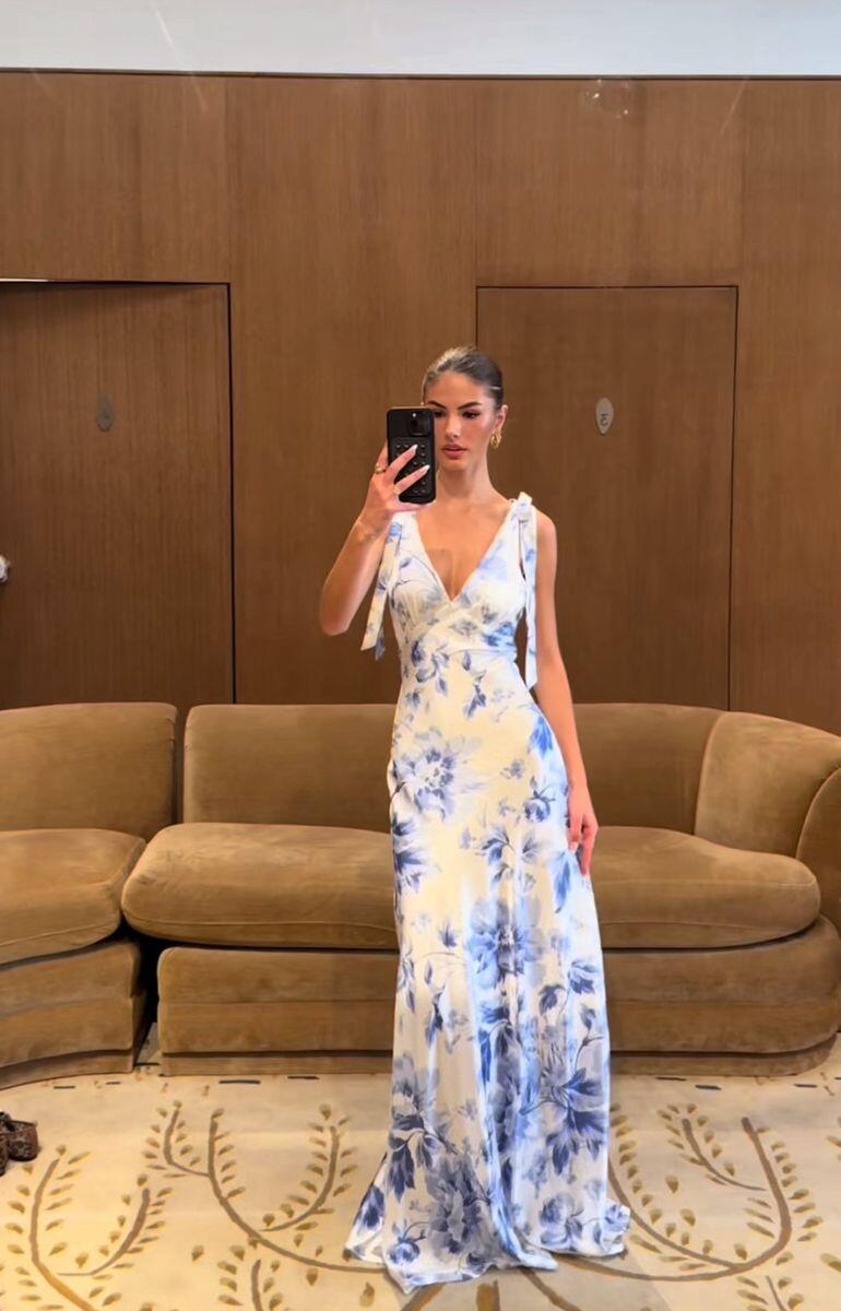 Pretty V Neck Satin Blue Print Floral Long Wedding Guest Dress Birthday Evening Dress SP1154