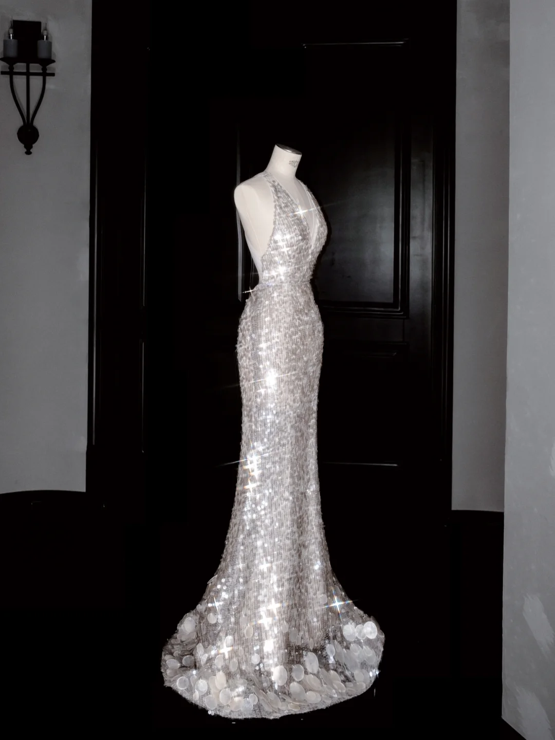 Sexy V Neck Silver Sequins Backless Mermaid Prom Dress Evening Dress Y8680