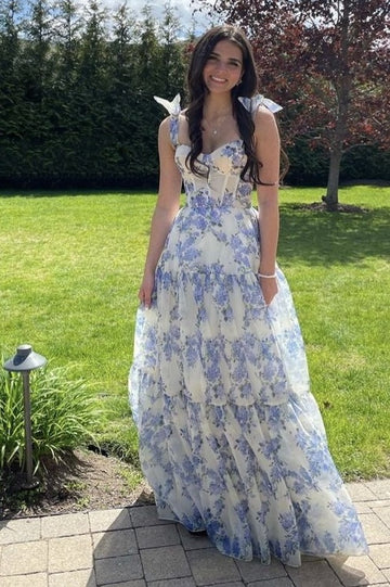 A-line Blue Floral Print Long Prom Dress,Blue Evening Dress Y2560