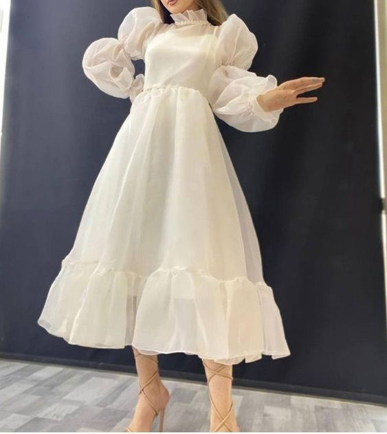 Modest White A-line Long Sleeves Prom Dress,Birthday Party Dress Y6251