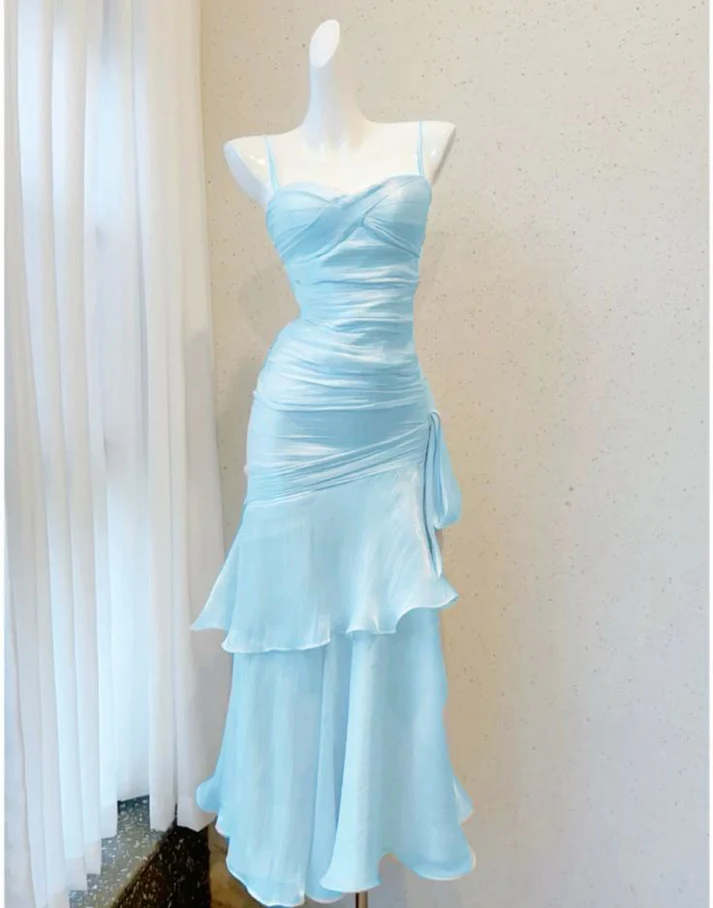 Elegant Blue Mermaid Layered Evening Dress,Spaghetti Straps Prom Dress Y8066