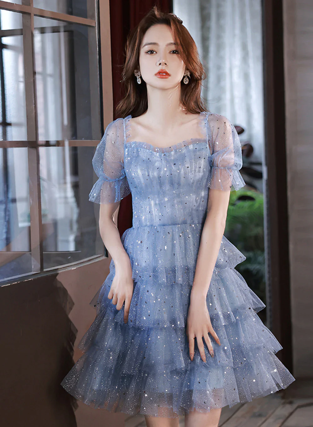 Blue Short Layers Tulle Formal Dress, Blue Off Shoulder Homecoming Dress Party Dress Y1975