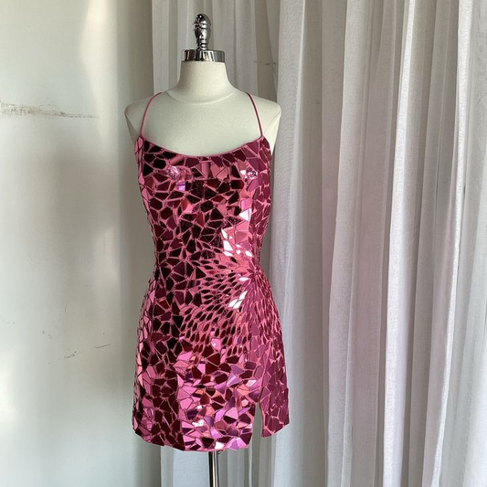 Luxurious Pink Spaghetti Strap Sequin Sheath Short Graduation Homecoming Dress Cocktail Dress Y9131