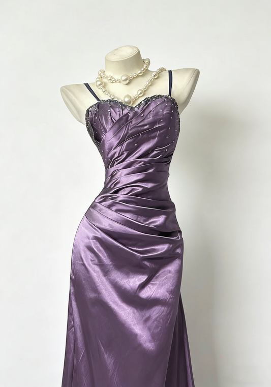 Elegant Spaghetti Straps Lavender Beaded Satin Pleated Mermaid Long Prom Dress Birthday Party Dress SP1752