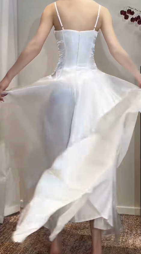 Glamorous White Spaghetti Straps Organza A Line Long Party Dress Formal Wedding Guest Dress SP425