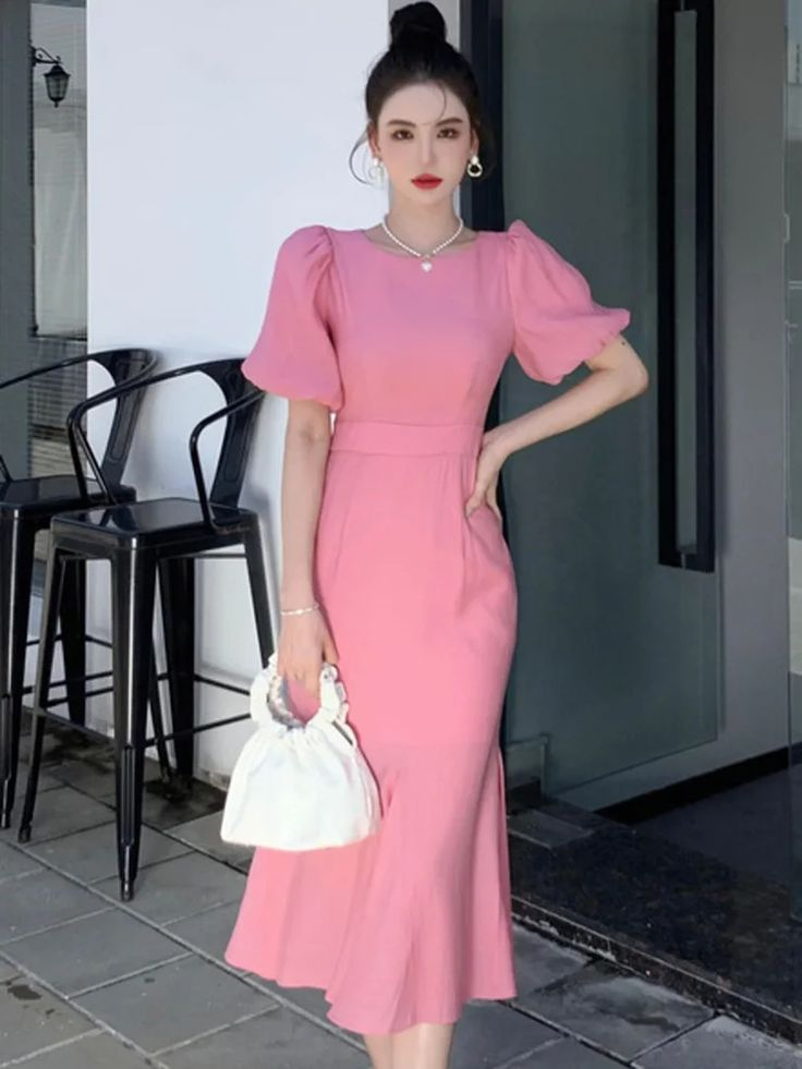 Classy Pink Puff Sleeves Mid-length Prom Dress,Pink Evening Dress Y7113